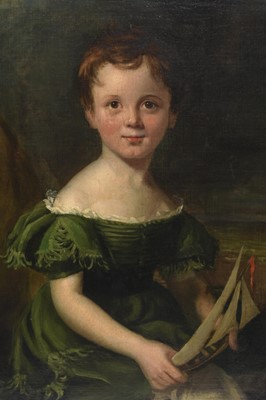 Lot 31 - English School (19th century), Half portrait of a child with a pond yacht