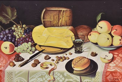 Lot 188 - Qais al Sindy (Iraqi b.1967) Still Life study of a table set with cheese, apples and grapes