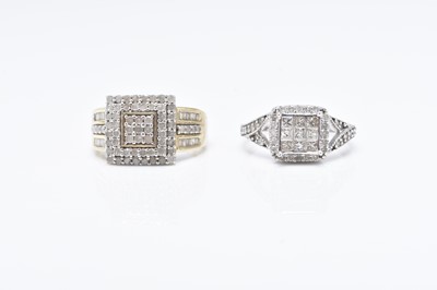 Lot 218 - Two 9ct gold diamond set square cluster rings