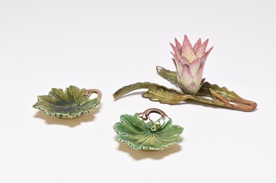 Lot 91 - Victorian majolica Wayte & Ridge flower, with two James Kent majolica leaf dishes