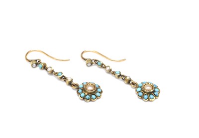 Lot 267 - A pair of early 20th century turquoise and split pearl ear pendants