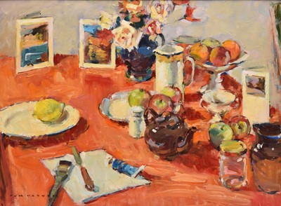 Lot 185 - Tom Oldham (1928-2019) Still Life on Red Oil Cloth