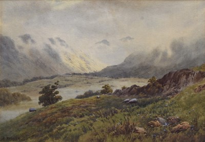 Lot 262 - Albert Rosser (c.1899-1995) Grazing sheep with mist rolling over the hills beyond