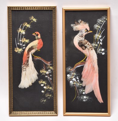 Lot 33 - Two works with feathers on silk representing birds (2)