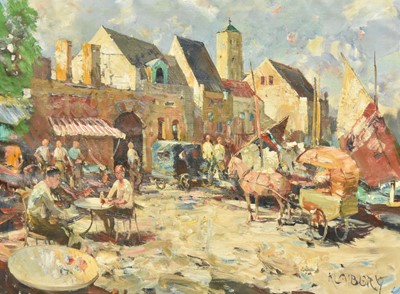 Lot 115 - Fritz Klaiberg (German, 1921-1998) Continental Street Scene by the gates of a coastal town