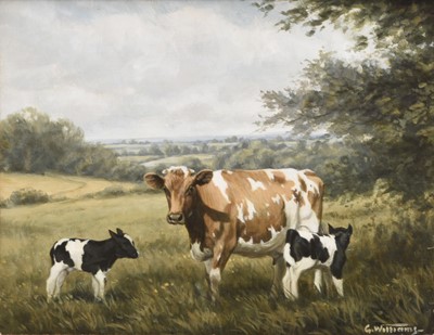 Lot 219 - G Williams, A cow and her two calves standing in a field