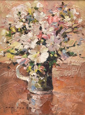 Lot 182 - Tom Oldham (1928-2019) Still Life, Flowers in a jug