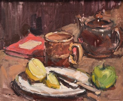 Lot 187 - Tom Oldham (1928-2019) Penguin Still Life, Apples and Tea
