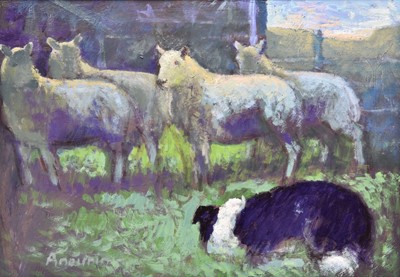 Lot 127 - Aneurin M Jones (British, 1930-2017) Sheep dog and sheep