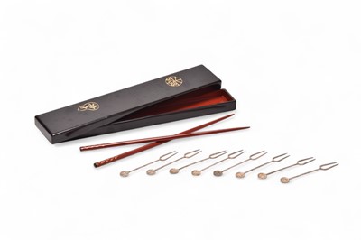 Lot 55 - A set of eight Chinese silver pickle forks and a set of lacquer chopsticks