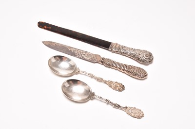 Lot 46 - A pair of silver serving spoons, a page turner and a bread knife