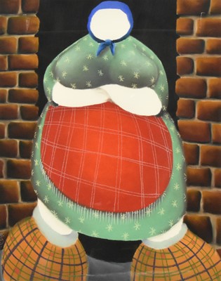 Lot 69 - Mackenzie Thorpe (b.1956) Arms crossed, Blue Headscarf and Red Apron