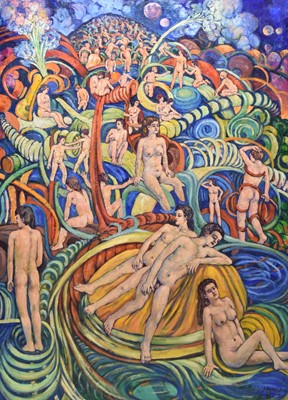 Lot 56 - Roderick Hanlan (b.1928) Nude men and women in a surrealist world