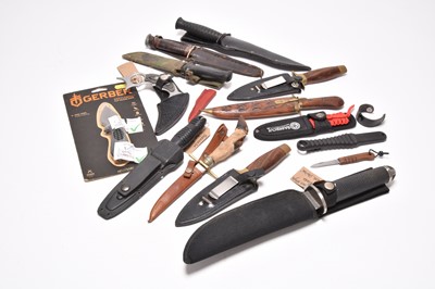 Lot 168 - Assorted knives including kukri knives and Indian carving set, with other hunting knives etc