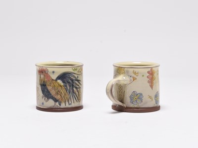 Lot 163 - Maureen Minchin (born 1954) A pair of mugs decorated with cockerels and geese