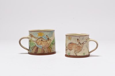 Lot 165 - Maureen Minchin (born 1954) Two studio pottery mugs decorated with hares and geese