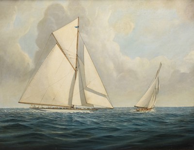 Lot 216 - Manner of Antonio Jacobsen (1850-1921) Shamrock III Chasing Reliance