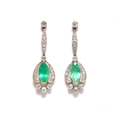 Lot 332 - A pair of Art Deco emerald and diamond ear pendants