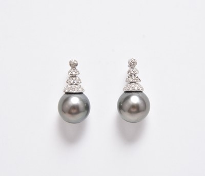 Lot 264 - A pair of Tahitian pearl and diamond earrings