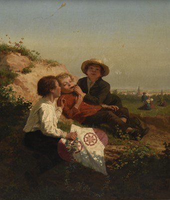 Lot 242 - Henri Van Seben (1825-1913) Three Boys Out to Fly Kites