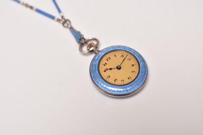 Lot 427 - A lady's enamelled silver open face fob watch on enamelled necklace
