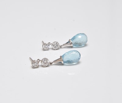 Lot 242 - A pair of aquamarine and diamond ear pendants