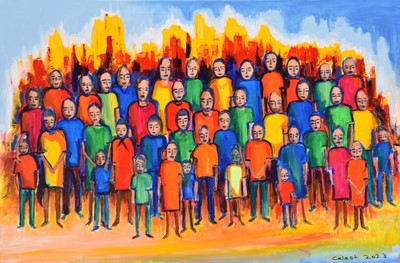 Lot 160 - Celest (Contemporary) 'Refugee Series', figures standing in a group