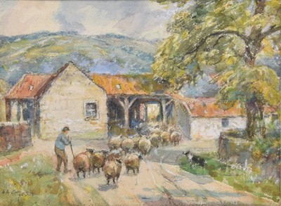 Lot 96 - Albert Abram Gittleson (act.1911-1944) Three watercolours of shepherd leading their flock (3)
