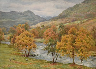 Lot 116 - Tom Clough (1867-1943) Sheep Grazing by a Tree-lined River, possibly River Llugy, Wales