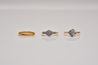 Lot 308 - Two 18ct gold diamond set rings and a 22ct gold ring