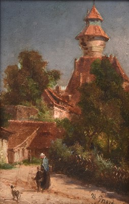 Lot 138 - Théodore Gérard (Belgian, 1829-1895/1902) Dutch townscape, a woman and a child walking on a country lane