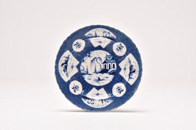 Lot 15 - Caughley 'Fan-Panelled Landscape' powder blue dessert plate, circa 1776-85