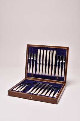 Lot 184 - A cased set of Edwardian silver and mother of pearl handled knives and forks