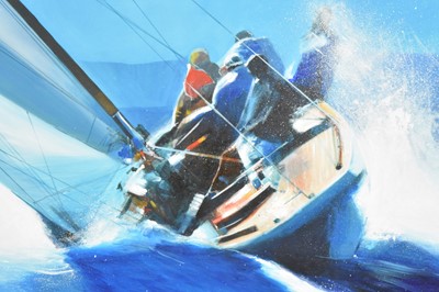 Lot 227 - Glyn Macey (b.1969) Sailboat with crew cutting through choppy water