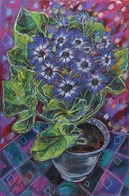 Lot 62 - Julia Burns (British, b.1962) Still life of Blue Cineraria in a pot