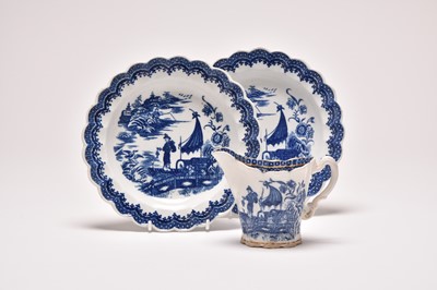 Lot 5 - A pair of Caughley 'Fisherman' dessert plates and a tall Chelsea ewer