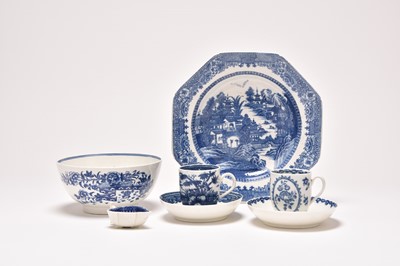 Lot 9 - Caughley porcelain including 'Full Nankin' soup plate and 'Fence and House' coffee cup and saucer