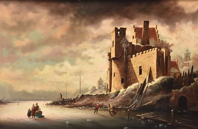 Lot 27 - Pieter Cornelis Steenhouewer (1896-1972) Ice Skaters before a Castle