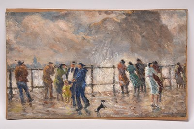 Lot 29 - Albert Abram Gittleson (act.1911-1944) Crowd on a pier sprayed by the swell
