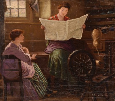 Lot 19 - Albert Abram Gittleson (act.1911-1944) Interior Scene, two women sat by a spinning wheel