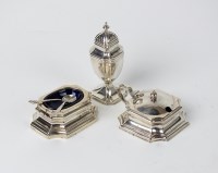 Lot 28 - A matched three piece silver condiment set,...