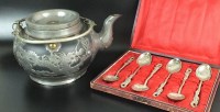 Lot 145 - A set of six Chinese export silver tea spoons,...