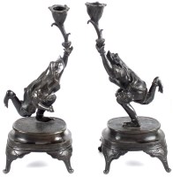 Lot 154 - A pair of Japanese bronze candlesticks, Meiji...