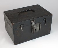 Lot 127 - A leather bound hinged lid strong box, late...