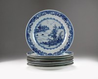 Lot 24 - Eight Chinese blue and white dinner plates,...