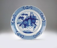 Lot 42 - A Chinese blue and white dish, Jiajing six...