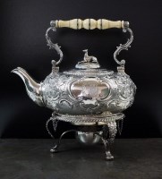 Lot 129 - A William IV silver spirit kettle and burner,...