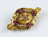 Lot 149 - A Victorian diamond, ruby and split pearl set...