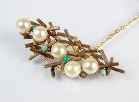 Lot 190 - A 9ct gold cultured pearl and turquoise bar...