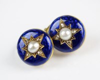 Lot 222 - A pair of diamond, enamel and split pearl set...